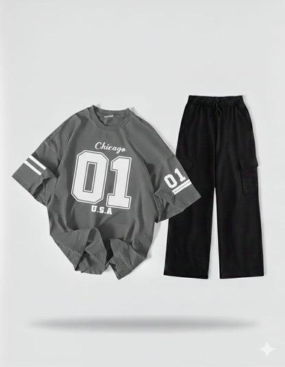 The Varsity Noir Set: Steel Grey '01' Oversized Tee & Black Wide-Leg Cargo Trouser