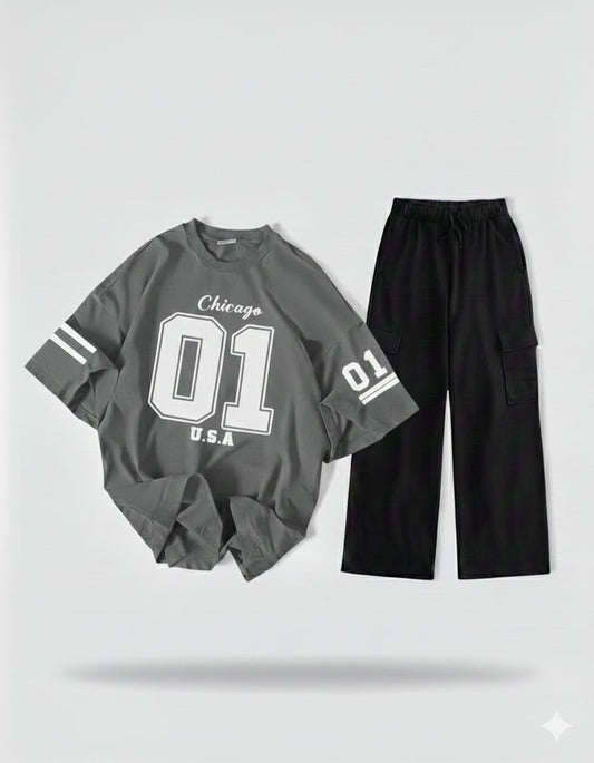 The Varsity Noir Set: Steel Grey '01' Oversized Tee & Black Wide-Leg Cargo Trouser
