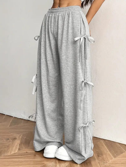 ELASTIC WAIST Wide Leg Trouser with Side Bow Detail – GREY
