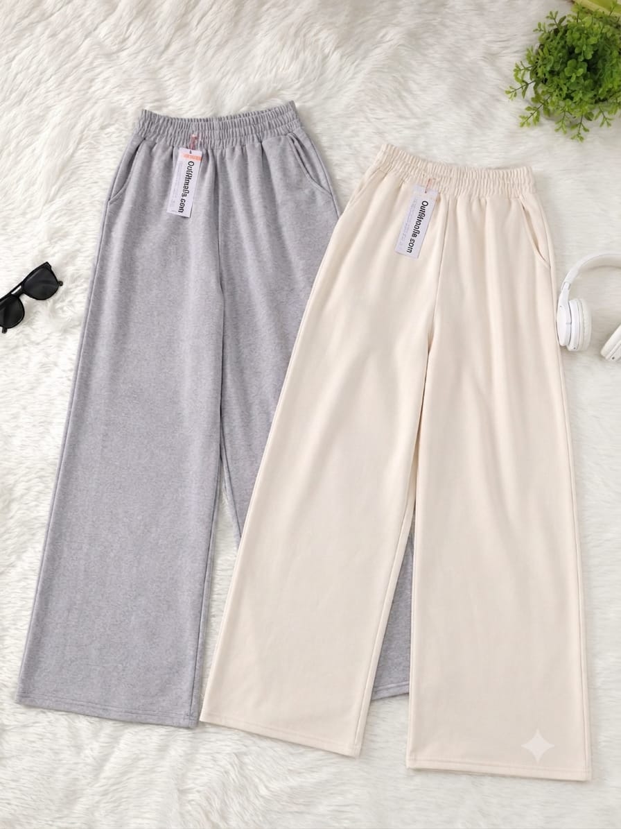 Pack of 2 Wide-Leg Trousers – High-Waisted Elastic Loungewear Trousers (Heather Grey & Cream)