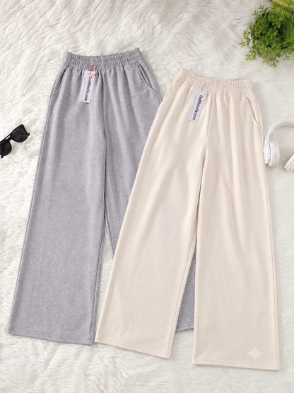 Pack of 2 Wide-Leg Trousers – High-Waisted Elastic Loungewear Trousers (Heather Grey & Cream)