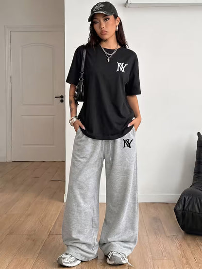 Black "NY" Graphic Printed Oversized Tee & Black Wide-Leg Trouser Co-ord Set