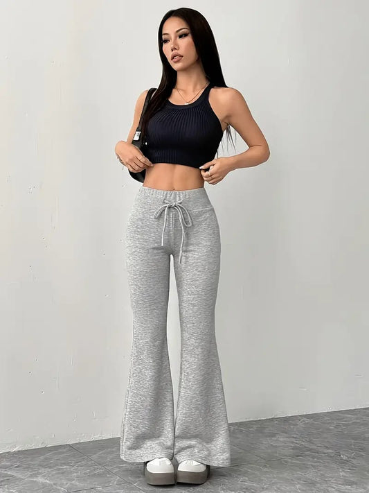 Women'S Elegant High-Waisted Flare Pants with Drawstring Waist - Grey