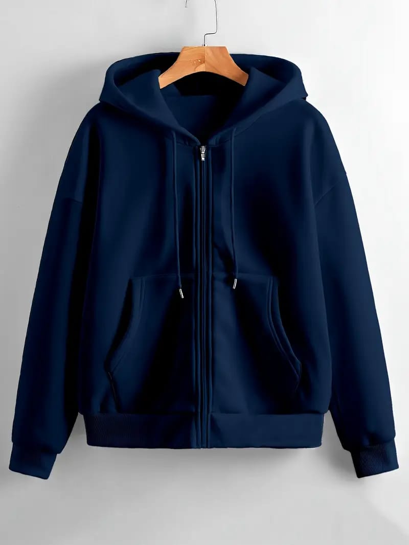 Cozy Winter Stuff Fleece Zip-Up Hoodie - Navy Blue