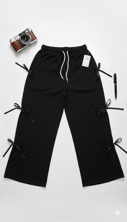 Chic Black Wide-Leg Trousers with Side Ribbon Detail