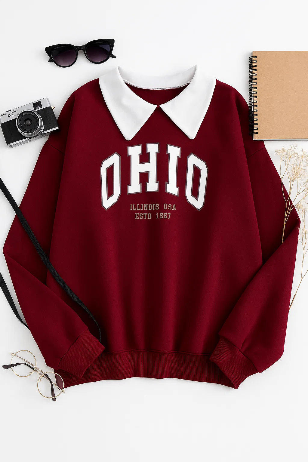 Oversized MAROON Sweatshirt with Classic Collar & Ohio Print