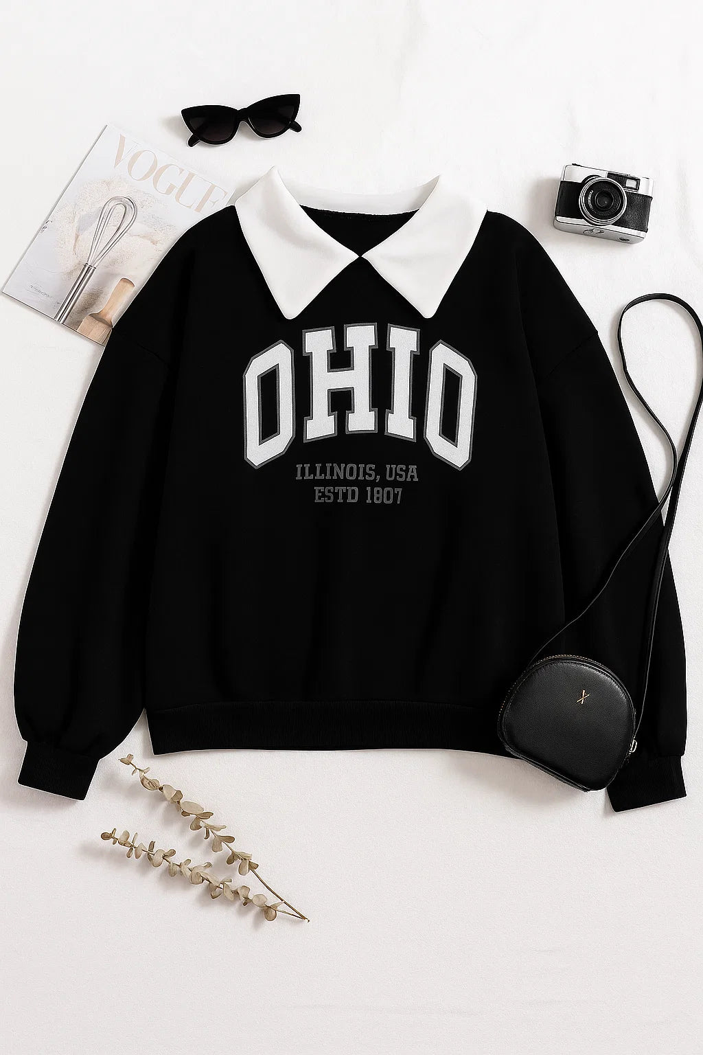 Oversized Black Sweatshirt with Classic Collar & Ohio Print