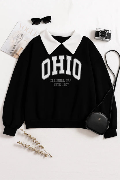 Oversized Black Sweatshirt with Classic Collar & Ohio Print