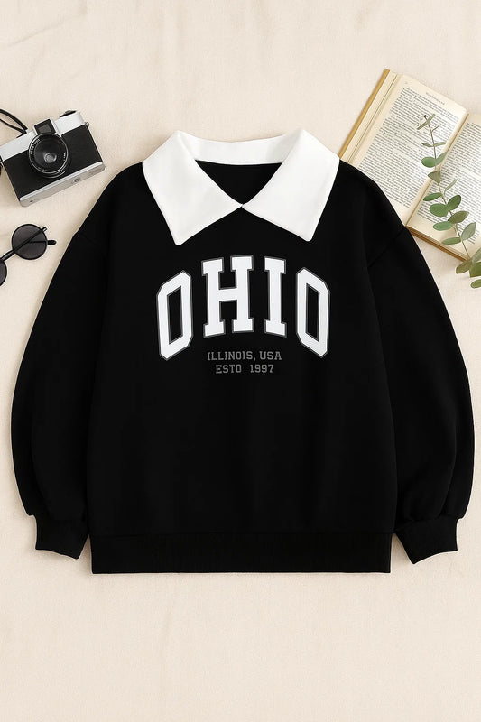 Oversized Black Sweatshirt with Classic Collar & Ohio Print