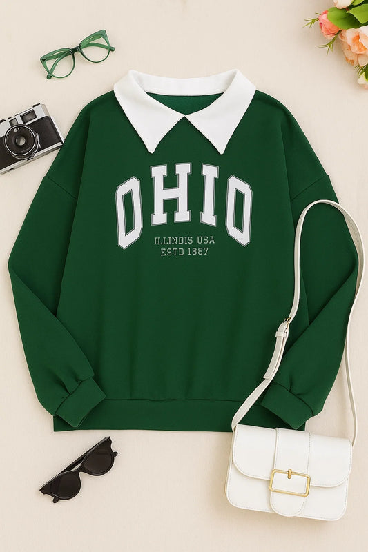 Oversized Green Sweatshirt with Classic Collar & Ohio Print