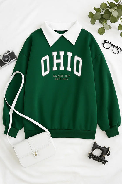 Oversized Green Sweatshirt with Classic Collar & Ohio Print
