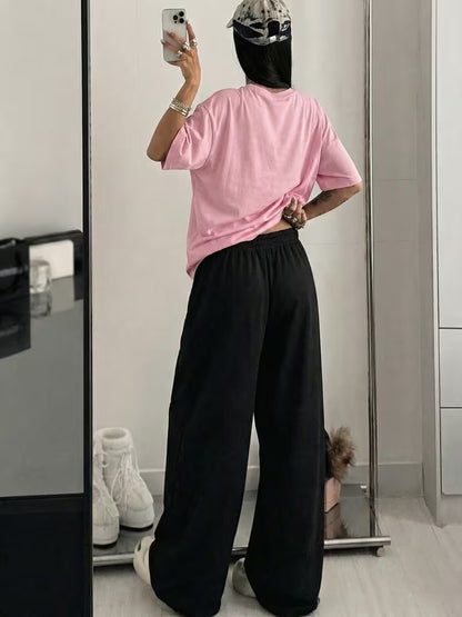 Pink "NY" Graphic Printed Oversized Tee & Black Wide-Leg Trouser Co-ord Set