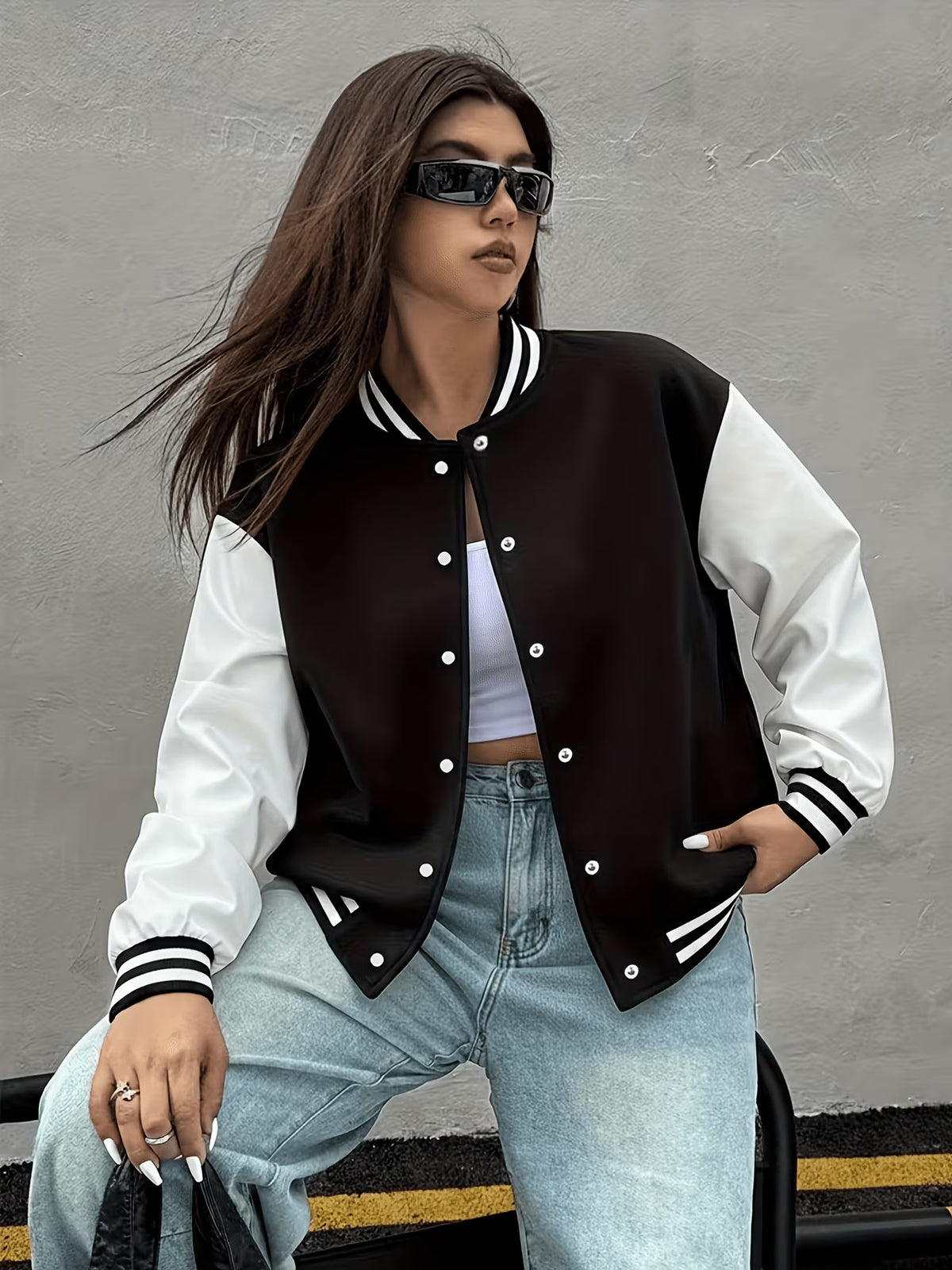 Black & White Varsity Baseball Jacket – Classic Streetwear Bomber