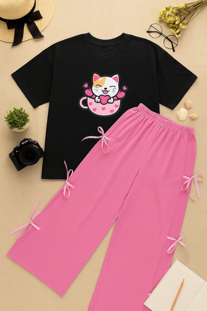 Pink Side Ribbon Wide Leg Trouser & Black Cat Print Oversized T-Shirt Co-ord Set
