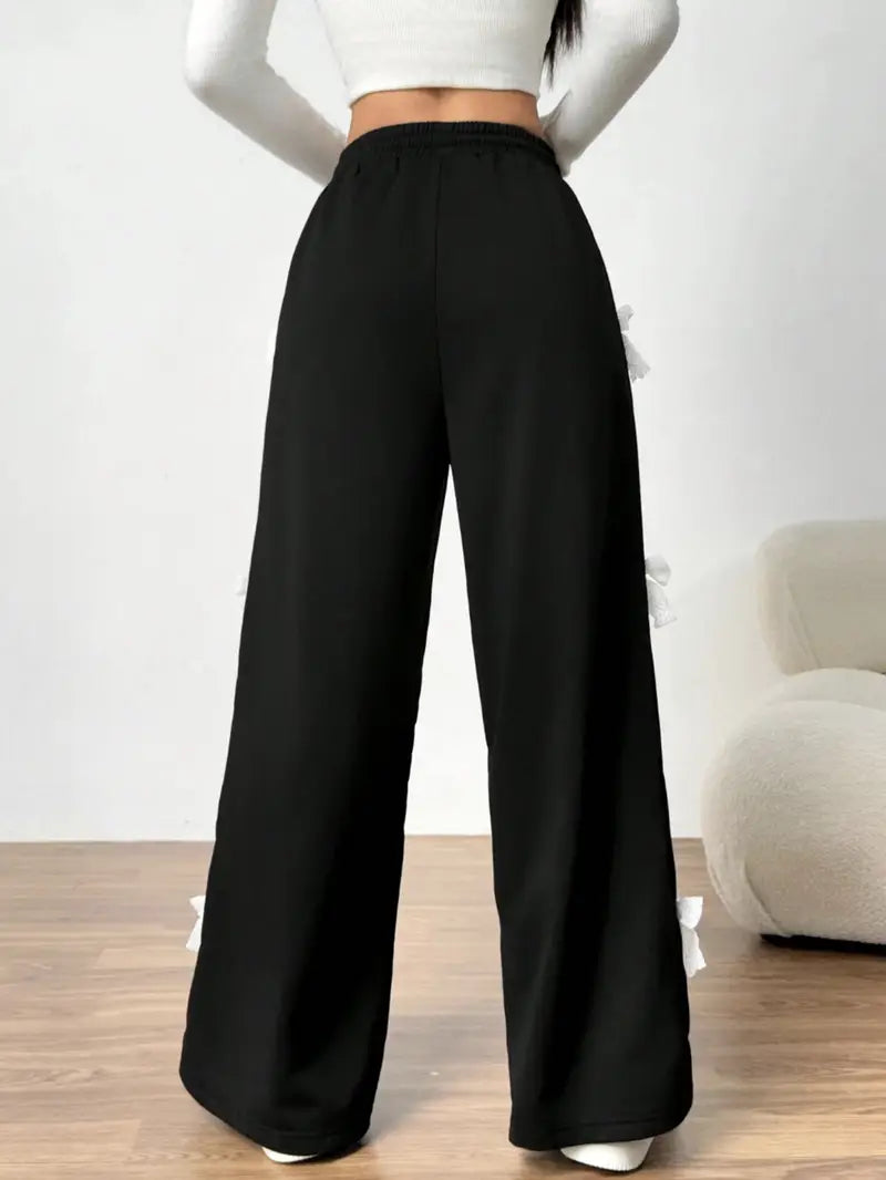 Chic Contrast Ribbon Bow Wide-Leg Pants – Black