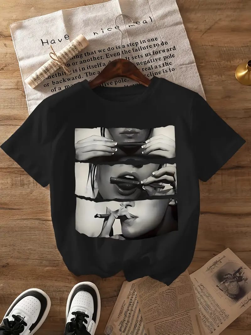 Women's Drop Shoulder Graphic Tee – Smoking Lips Print