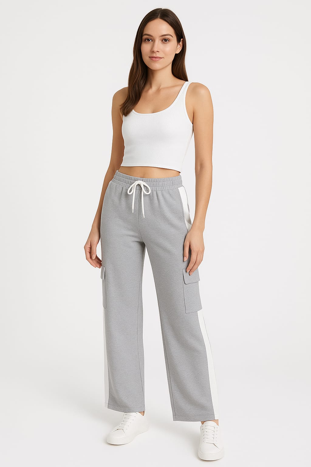 Women's Grey Wide Leg Cargo Jogger Trouser with Side Stripes