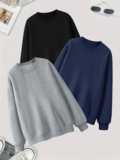 Bundle Of 3 - Cozy Essential Plain Fleece Sweatshirts - BLACK/GREY/NAVY BLUE