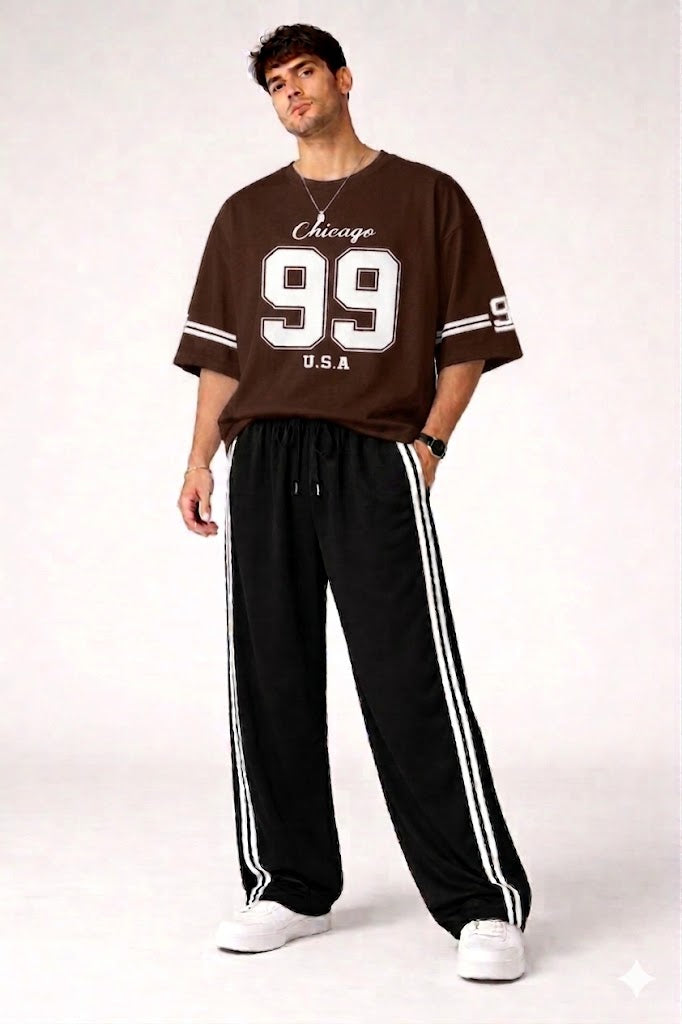 BROWN VARSITY CHICAGO 99 OVERSZIED TEE WITH BLACK STRIPES BAGGY TROUSER  TRACK SET