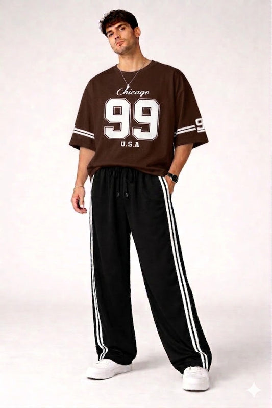 BROWN VARSITY CHICAGO 99 OVERSZIED TEE WITH BLACK STRIPES BAGGY TROUSER  TRACK SET