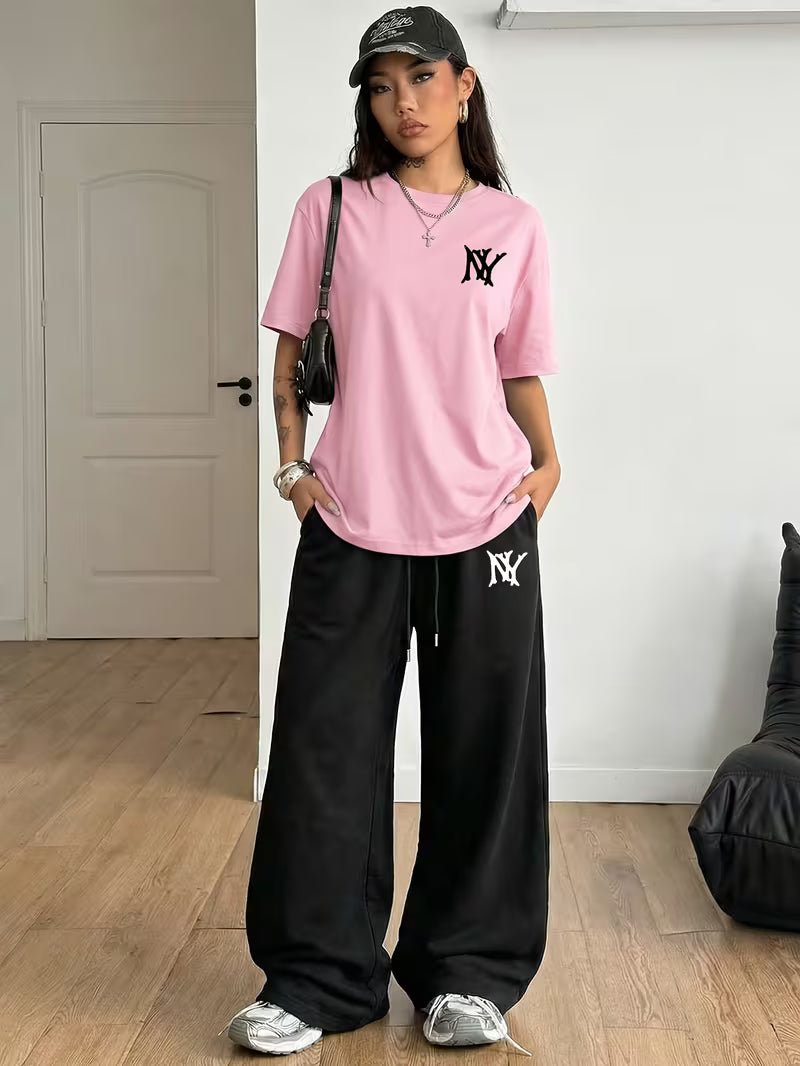 Pink "NY" Graphic Printed Oversized Tee & Black Wide-Leg Trouser Co-ord Set