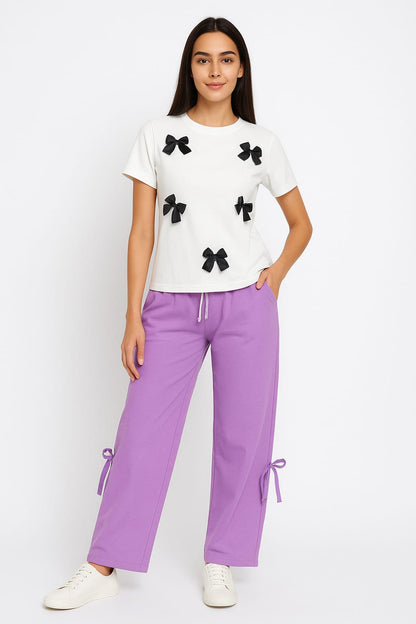White Bow T-Shirt with Lilac Side Bow Style Baggy Trouser - (Bow Co-ord Set)
