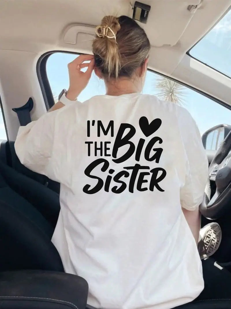 “I’m the Big Sister” Statement Drop Shoulder Oversized Tee – White