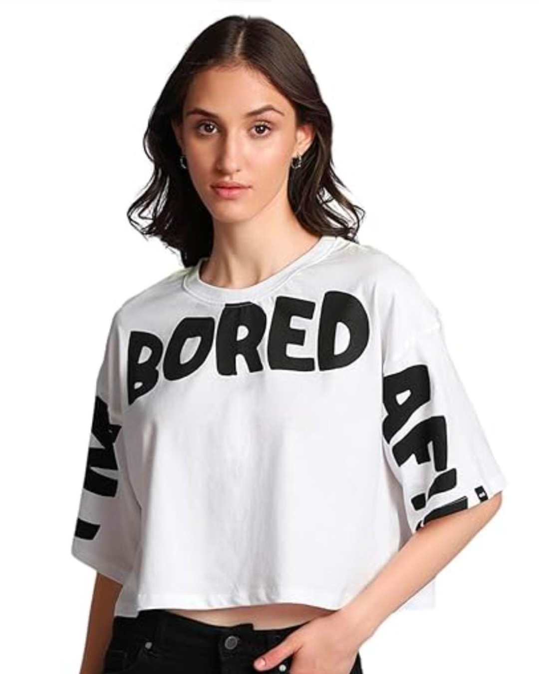White Customized Printed Drop Shoulder Oversized Cropped Top