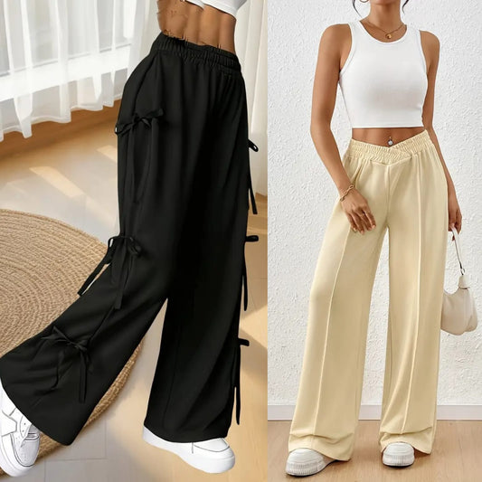Pack Of 2 - Black Side Tie Wide Leg Baggy Trouser & Beige Piping Wide Leg Trouser