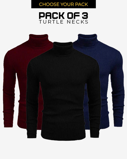 Bundle Of 3 - Classic Ribbed Knit Highneck Winter Shirt -