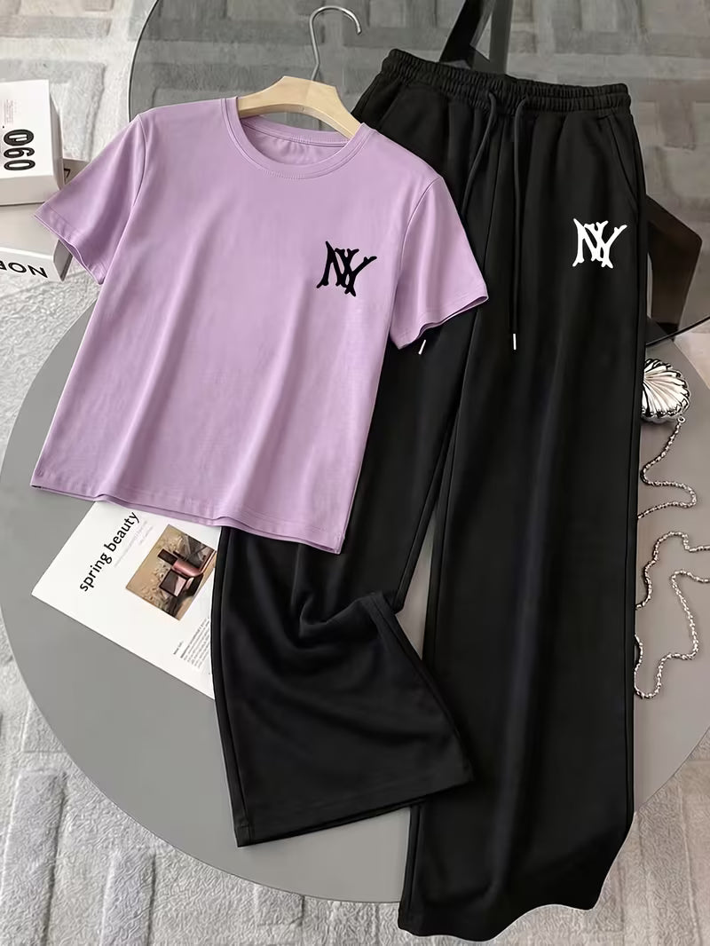 Lilac "NY" Graphic Printed Oversized Tee & Black Wide-Leg Trouser Co-ord Set