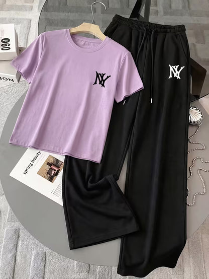Lilac "NY" Graphic Printed Oversized Tee & Black Wide-Leg Trouser Co-ord Set