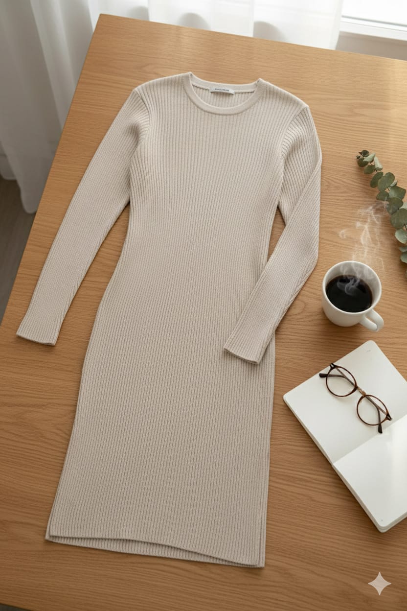 Classic Ribbed Knit Long-Sleeve Bodycon Dress