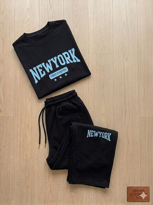 Black New York Varsity Graphic Oversized Tee & BLACK New York PRINTED Wide-Leg Baggy Trouser Co-Ord Set