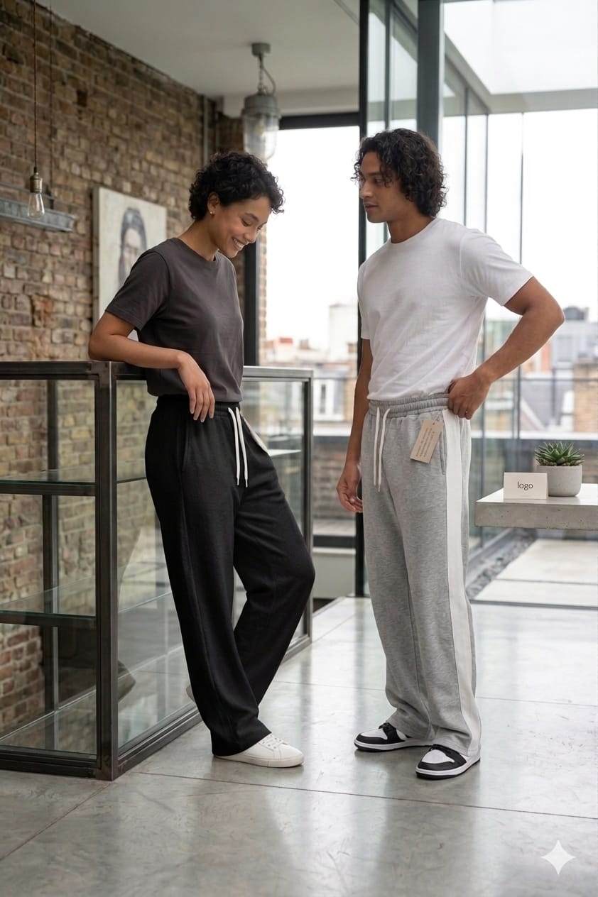 BUNDLE OF 2 - BLACK  WIDE LEG BAGGY TROUSER & GREY  WHITE PANEL WIDE LEG TROUSER