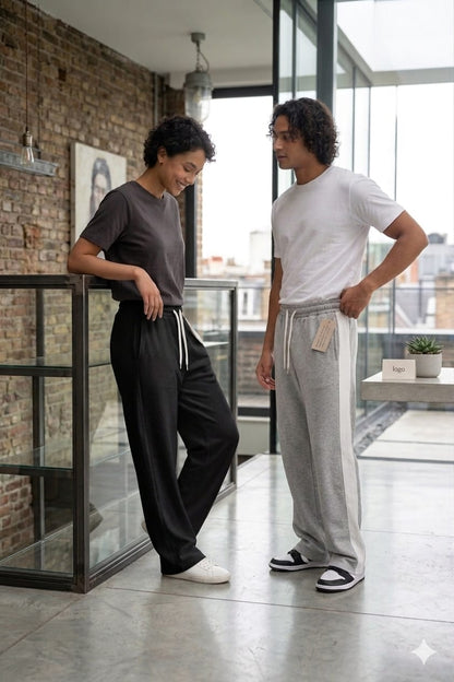 BUNDLE OF 2 - BLACK  WIDE LEG BAGGY TROUSER & GREY  WHITE PANEL WIDE LEG TROUSER