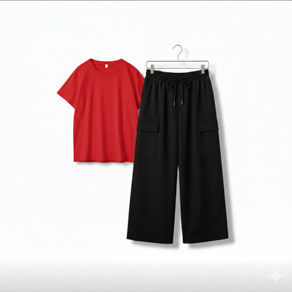 The Urban Chill Set: Red Oversized Tee & Black Wide-Leg Cargos
