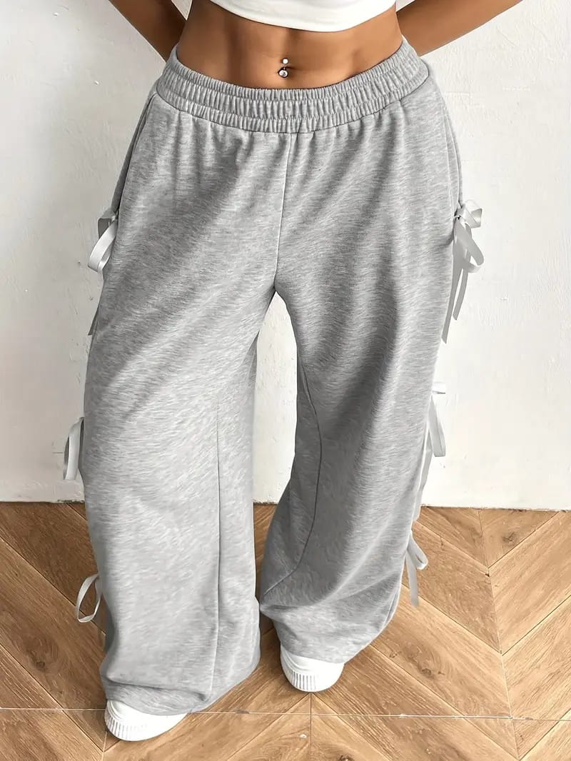 ELASTIC WAIST Wide Leg Trouser with Side Bow Detail – GREY