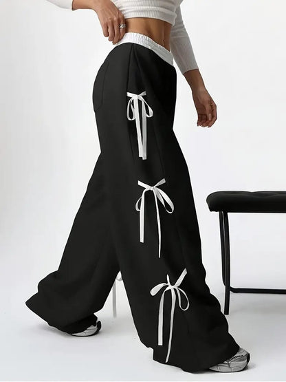 Black Baggy Wide-Leg Pants with Side Bow Detail – Bold & Feminine