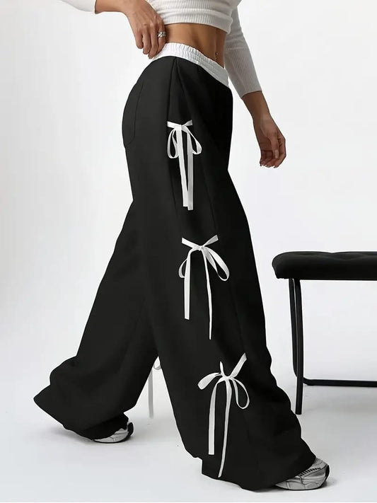 Black Baggy Wide-Leg Pants with Side Bow Detail – Bold & Feminine
