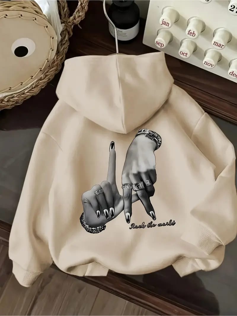 Rock the World Graphic Hoodie – Beige/White/Pink