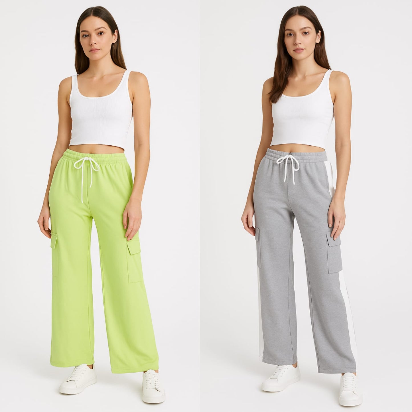 Women’s Wide Leg Cargo Trousers – Pack of 2 (Lime Green & Grey with Side Stripe)