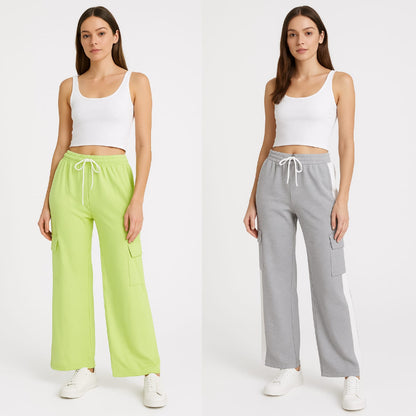 Women’s Wide Leg Cargo Trousers – Pack of 2 (Lime Green & Grey with Side Stripe)