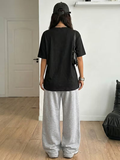 Black "NY" Graphic Printed Oversized Tee & Black Wide-Leg Trouser Co-ord Set