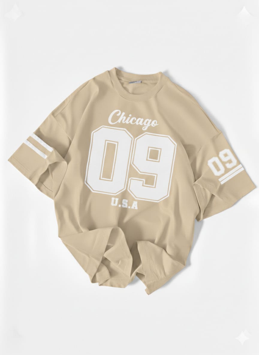 The Urban Essential: Chicago "09" Graphic Oversized Drop-Shoulder Tee - BEIGE