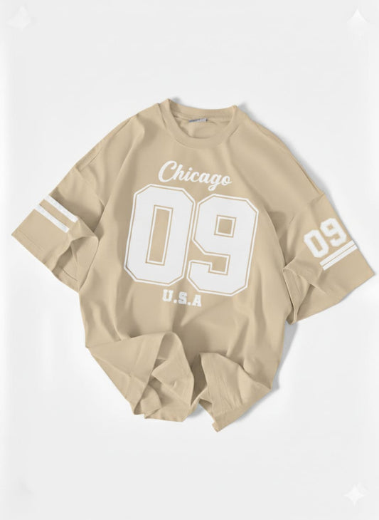 The Urban Essential: Chicago "09" Graphic Oversized Drop-Shoulder Tee - BEIGE