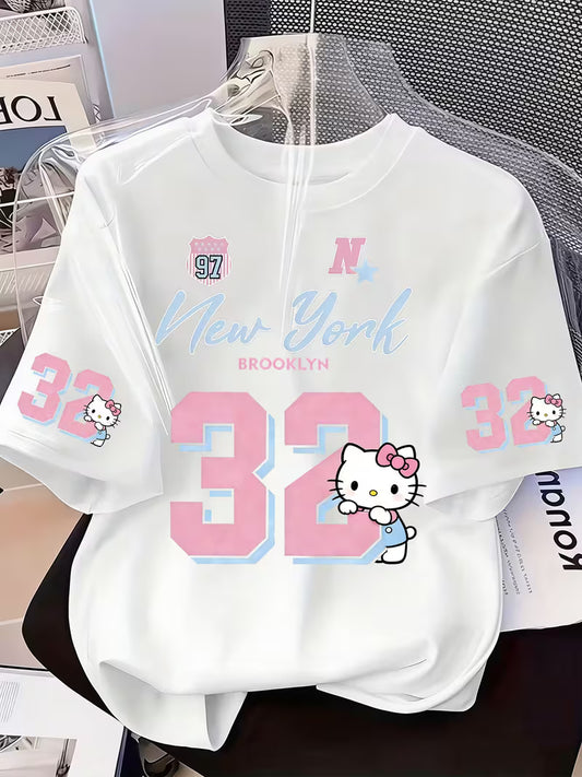 WHITE Women's Graphic 32 Drop Shoulder Oversized Tee – Retro Sports & Hello Kitty Edition