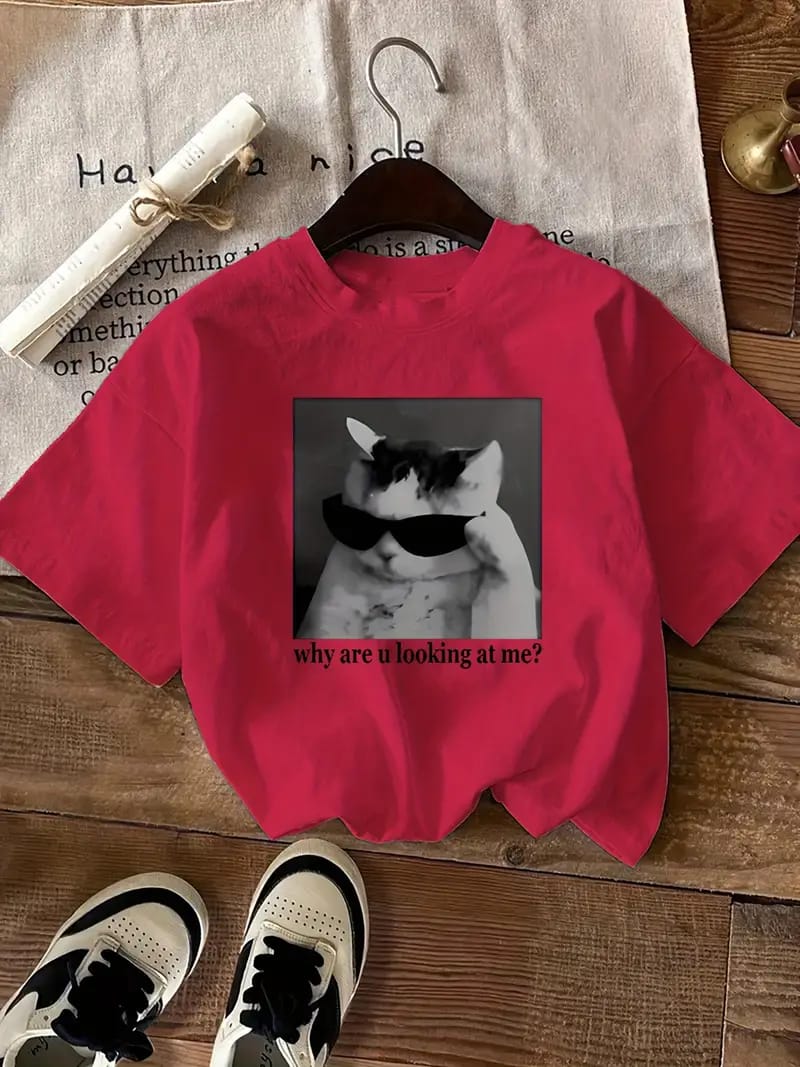 Sassy Cat Graphic Drop Shoulder Tee – "Why Are U Looking At Me?" Edition