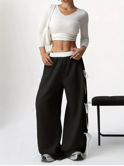 Black Baggy Wide-Leg Pants with Side Bow Detail – Bold & Feminine