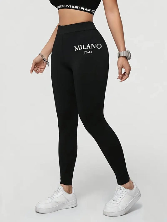 "Milano Italy" High-Waisted Graphic Leggings-Black